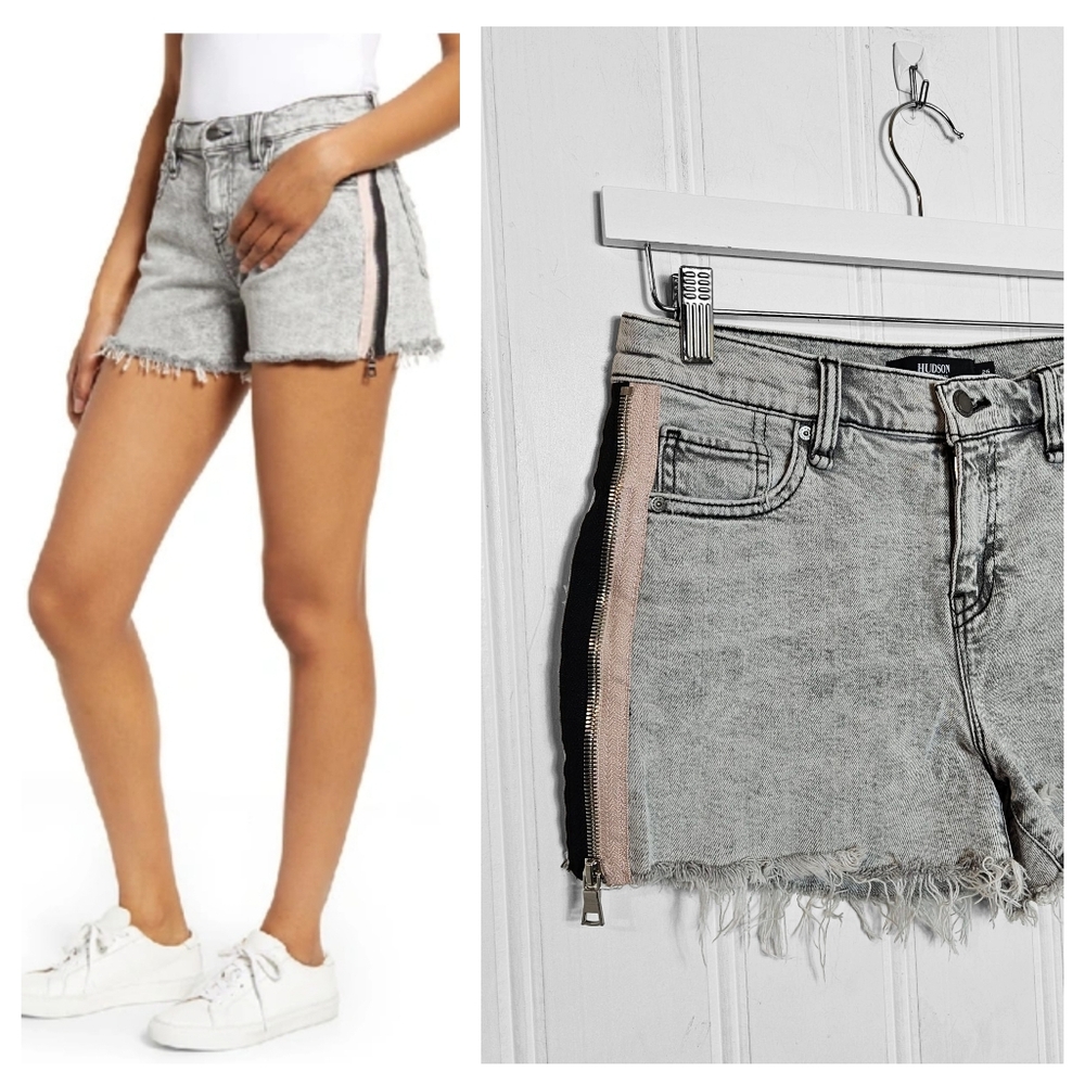 Hudson Gemma Shorts 26 Bail Out Moto Zip Stripe Raw Hem Cutoff Denim Gray